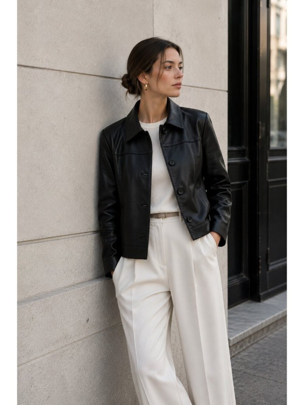 Ann Taylor XS Black Lamb Leather Jacket Womens Button Front Soft Leather Coat